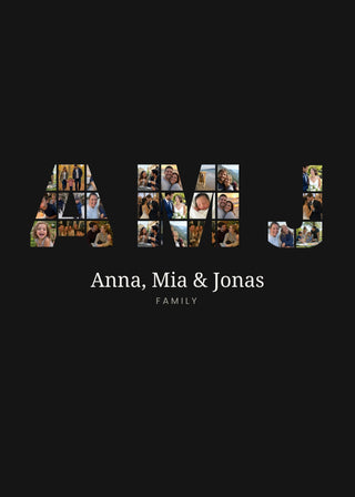 Initials Collage personalised poster – three family initials filled with photos, on black