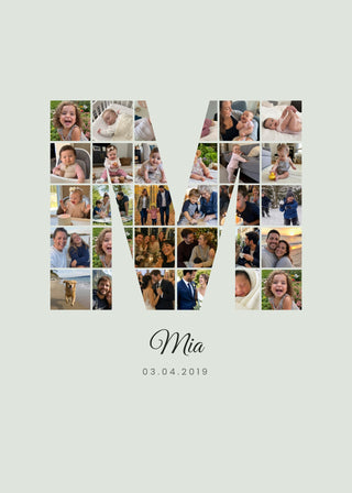 Initials Collage personalised poster – a single letter M filled with photos of a child, on sage