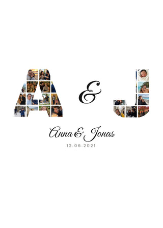 Initials Collage personalised poster – the initials A & J filled with photos, a handwritten ampersand and names below, on white