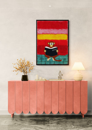 Rothko Monkey Business - Martin Zen artwork hangs above a pink console table with decor in a modern room.