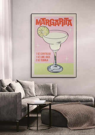 Framed Margarita cocktail wallchart above a modern sofa, displaying recipe with colorful retro design.