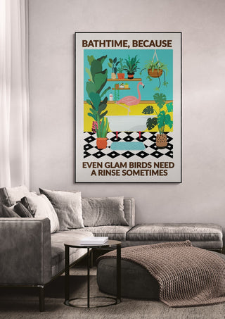 Colorful wallchart with a flamingo in a bathtub, plants, and the text "Bathtime, because even glam birds need a rinse sometimes."