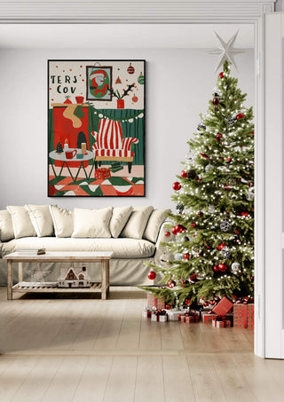 Modern living room with Christmas tree, festive decor, gifts, and cozy seating, perfect for a warm holiday home.