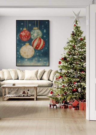 Elegant living room with decorated Christmas tree and gifts, featuring festive ornament artwork on the wall.
