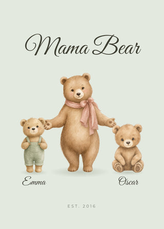 Mama Bear personalised watercolour poster with children's names – Sage