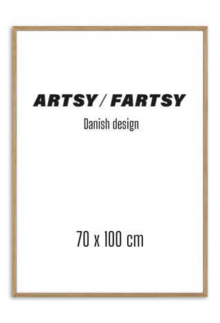 Solid oak frame 70x100 cm with minimalist poster, featuring "Artsy / Fartsy" and "Danish design" text.