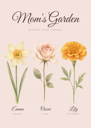 Mom's Birth Flower Garden personalised watercolour poster – Dusty rose