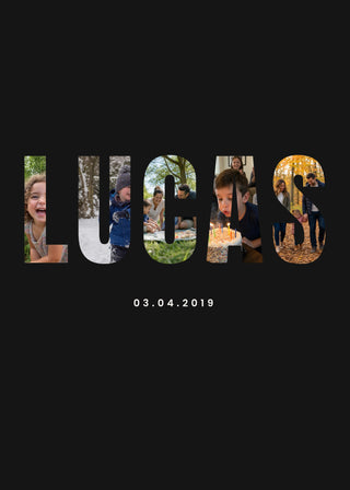 Name Collage personalised poster – the name LUCAS in photo letters on black
