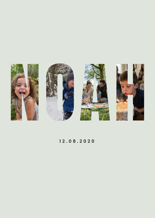 Name Collage personalised poster – the name NOAH with a photo in each letter and a date, on sage