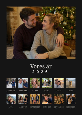 Our Year personalised poster – a large photo of the year above twelve month photos with Danish month names, on black