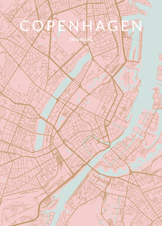 Pastel city map poster of Copenhagen in pink with golden roads