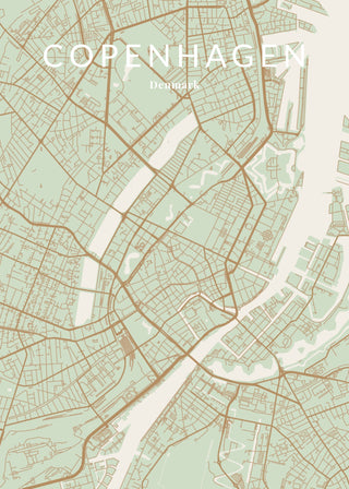 Pastel city map poster of Copenhagen in sage with golden roads