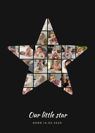 Shape Collage personalised poster – 20 baby photos in the shape of a star, on black