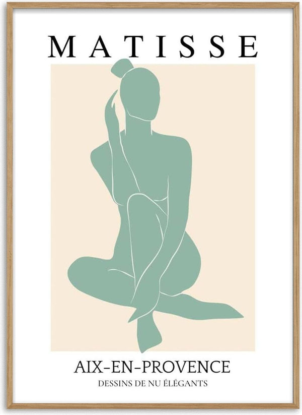 Minimalist green cut-out artwork of a seated nude woman in Matisse style on a beige background.