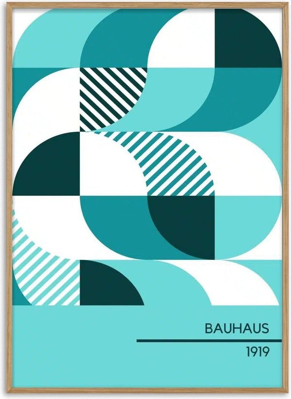 Geometric Bauhaus 1919 poster with teal, white, and black abstract shapes and stripes, modern minimalist design.