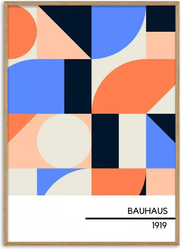 1919 Bauhaus Poster #6 with abstract geometric shapes in blue, orange, black, and beige on a white background.