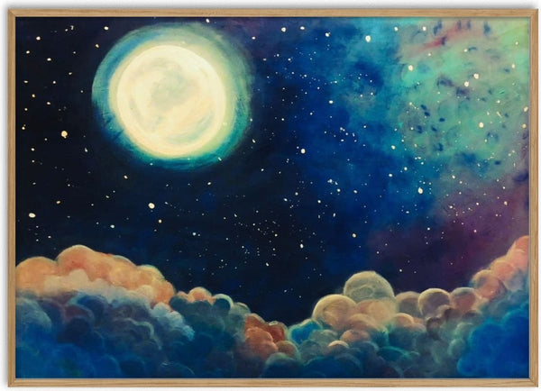 Moon Above the Clouds by Art By Biba - a glowing moon and a green nebula over banked blue and peach clouds