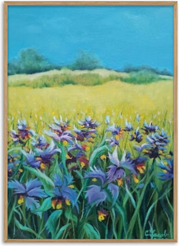 Iris Meadow by Cristina Iacob - violet and blue wild irises across a yellow-green field under turquoise sky