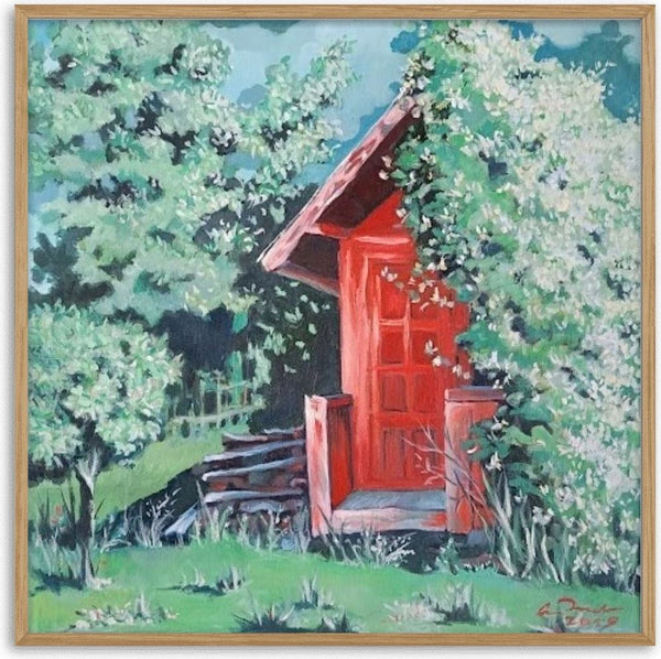 Red Shed in Blossom by Cristina Iacob - a red timber shed among white flowering trees and bright grass