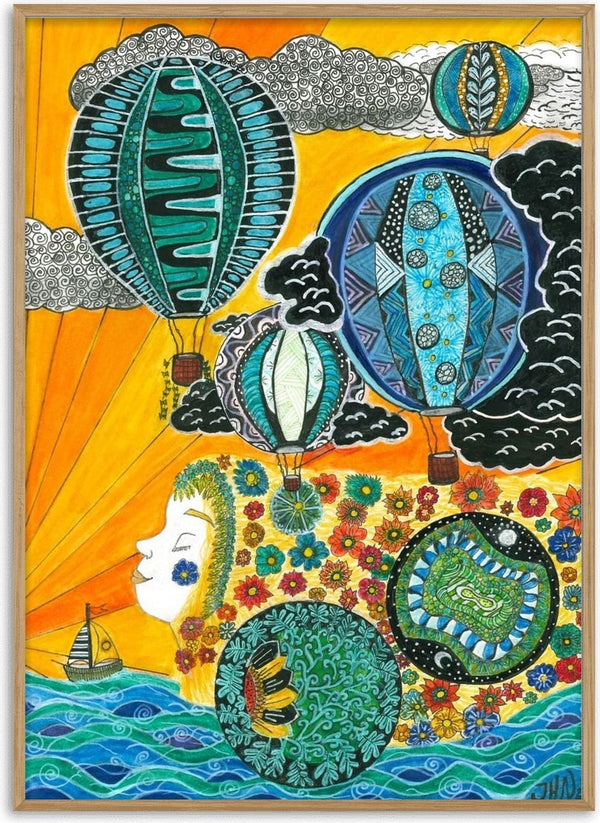 Balloons over the Sea by JHN.ByHjort - teal patterned hot air balloons in an orange sky above flowers and waves
