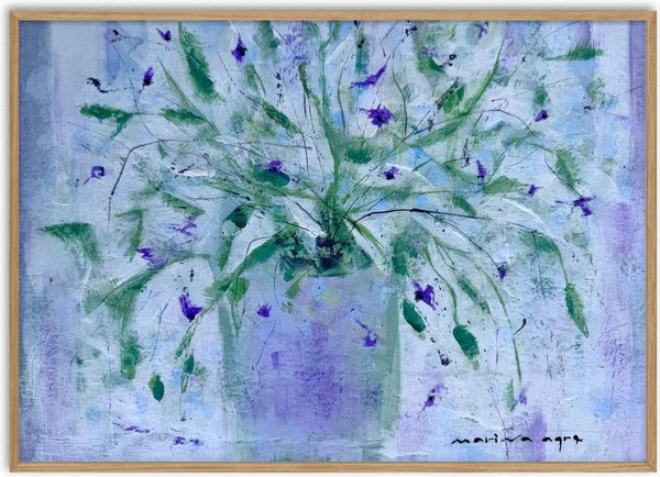 Violet Flowers in a Vase by Marina Agre - green leaves and violet flowers in a lilac vase