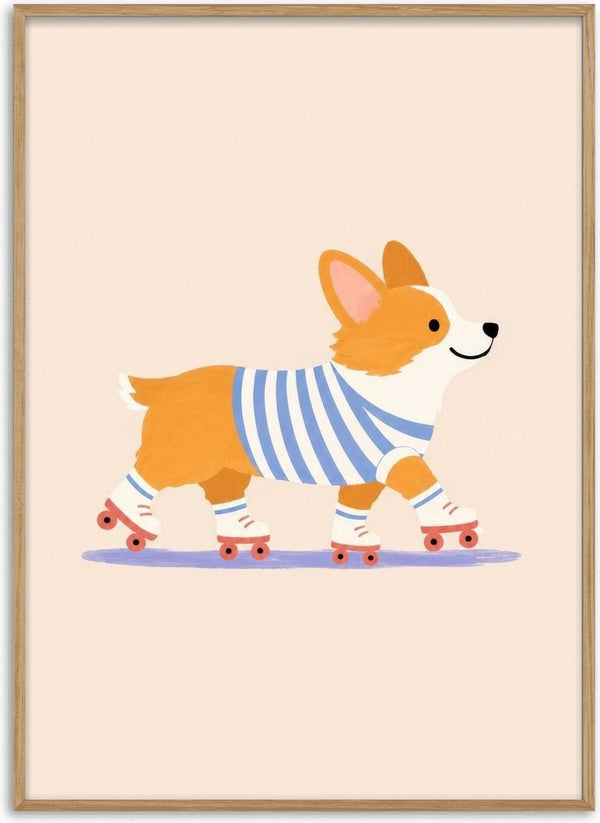 Corgi on Roller Skates by Decker Studios - corgi in a blue striped top on white roller skates against a peach background