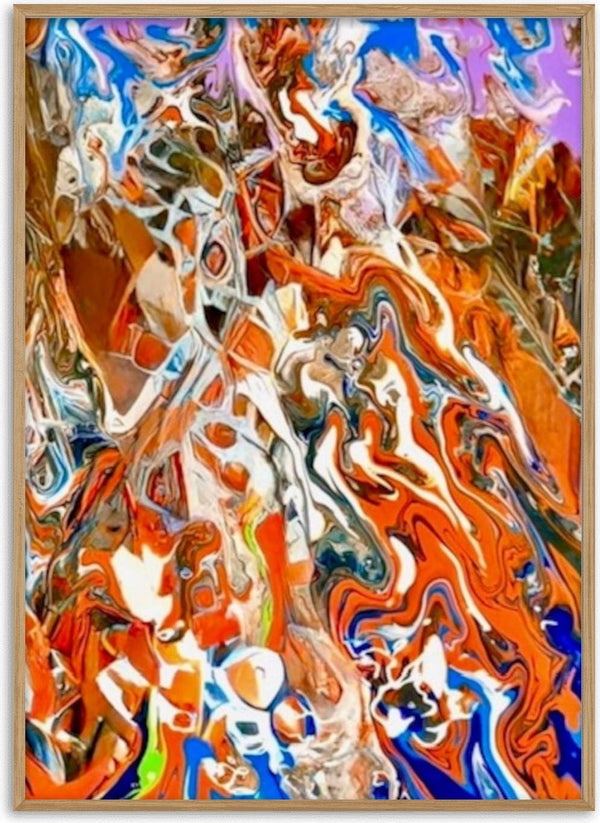 Ember Current by Da Winters - orange and white currents of poured acrylic with cobalt breaking through