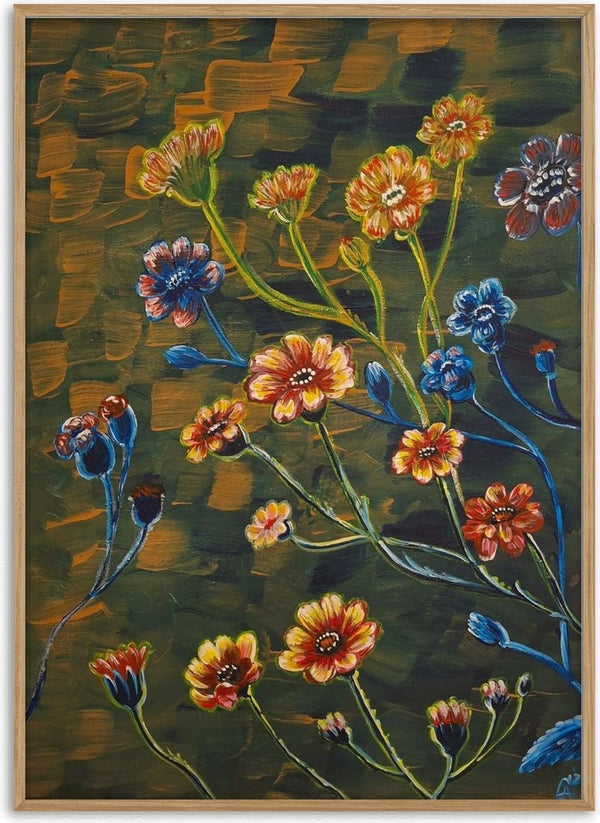 Field Flowers in Olive by Svetla Stoyanova Bassi - orange and blue flowers on long stems over olive green