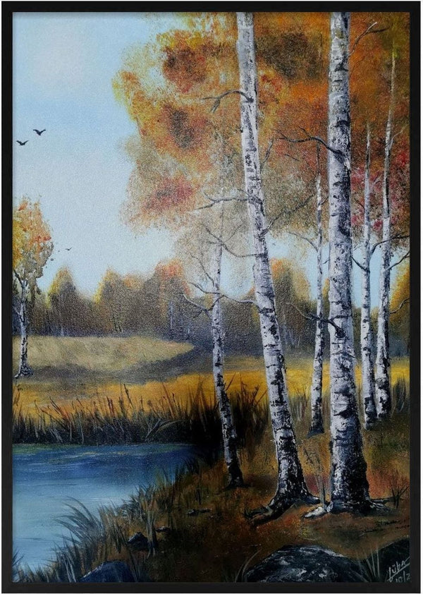 Autumn Birches by the Pond by Lüba - white birches in gold autumn leaves beside a blue pond