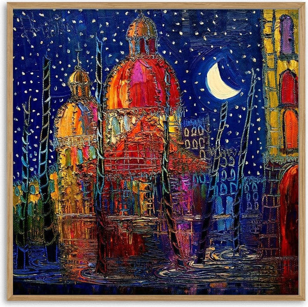 Domes under the Moon by Justyna Kopania - lit domes and a crescent moon over a deep blue night