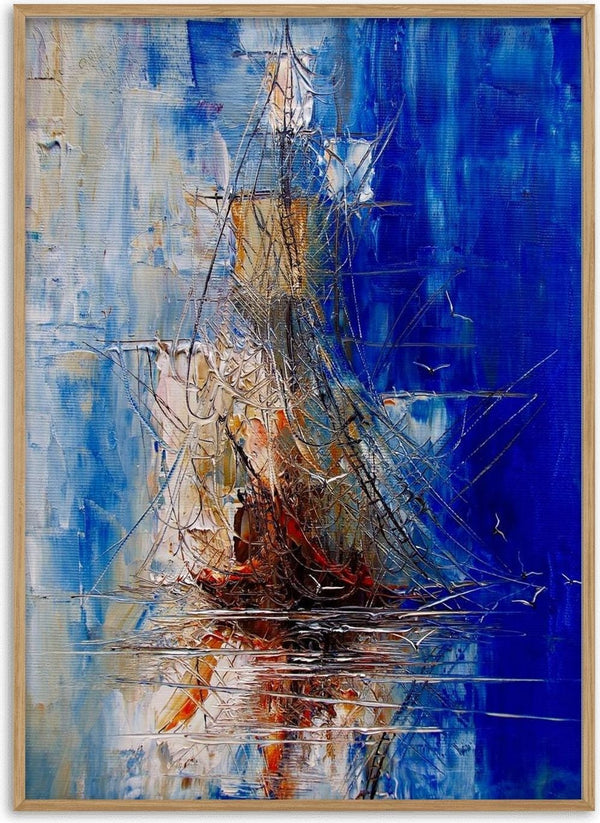 Ship in Blue by Justyna Kopania - a tall ship with pale sails against deep blue