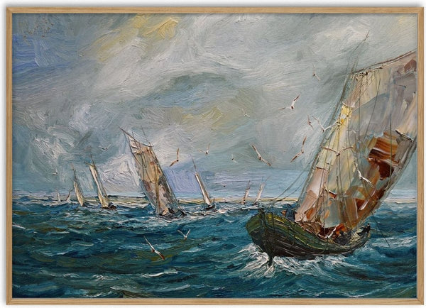Fishing Boats at Sea by Justyna Kopania - boats under sail on a green-blue sea beneath a grey sky