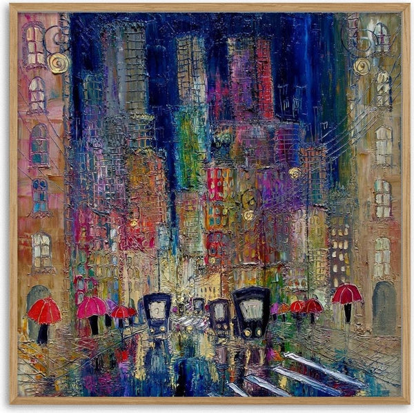 Rain on the Boulevard by Justyna Kopania - a wet city street with red umbrellas in blue and violet