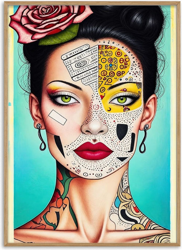 Ink and Roses by Tara Green - a woman with a pink rose, a yellow patterned face and a tattooed neck
