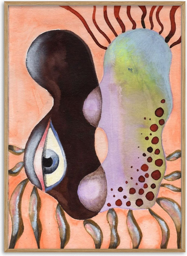 Two Heads, One Eye by Shimmering Ugly - two rounded forms on peach, one brown with a single almond eye