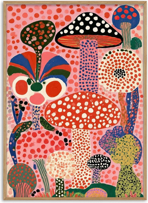 Mushrooms on Pink Dots by Yokohama - red, black and blue spotted mushroom caps crowded on a pink dotted ground