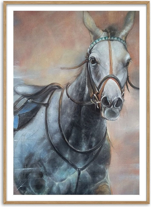 The Grey Horse by Mariia Nikolina - a dappled grey horse in a turquoise-beaded bridle