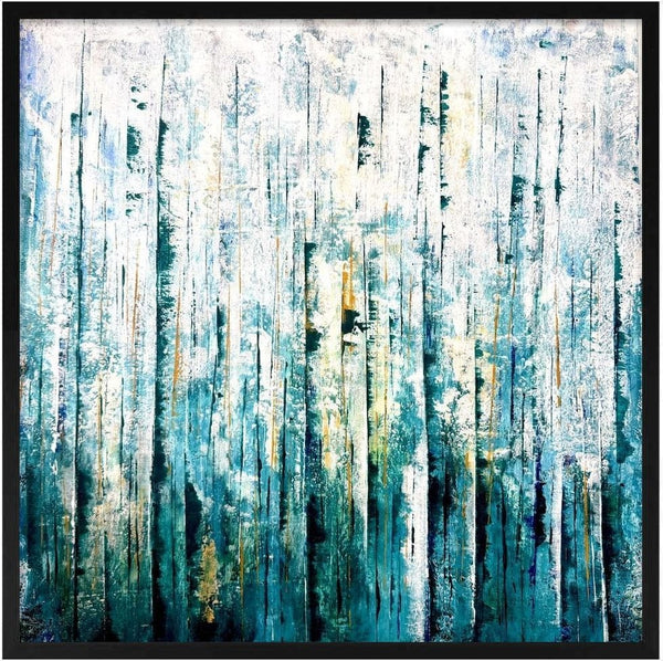 Teal Abstract by Marina Agre - vertical strokes of teal, petrol blue and white with seams of ochre