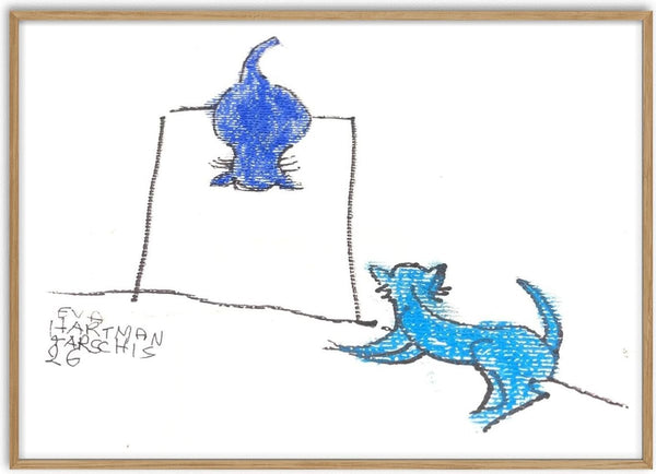 Two Blue Cats by Eva Hartman - a dark blue cat on a stool and a turquoise cat stretching on the floor