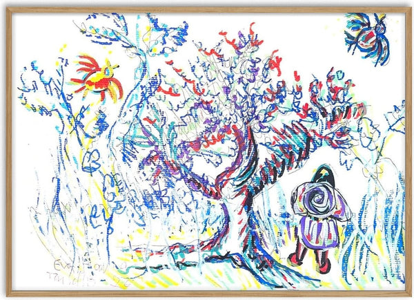 Under the Tree by Eva Hartman - a small figure beneath a tree drawn in blue and red line