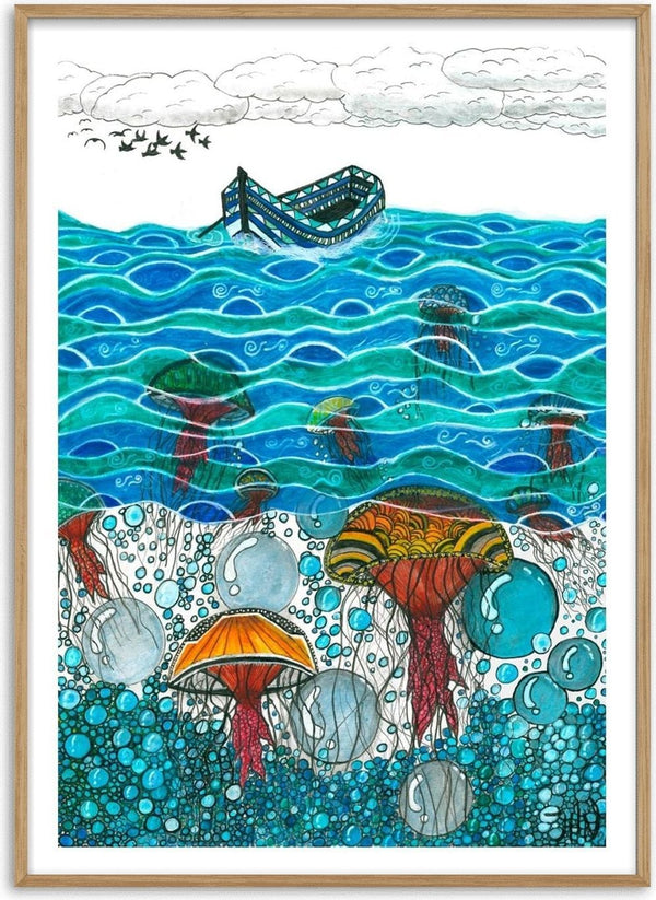 Jellyfish Sea by JHN.ByHjort - a patterned boat on turquoise waves with jellyfish below