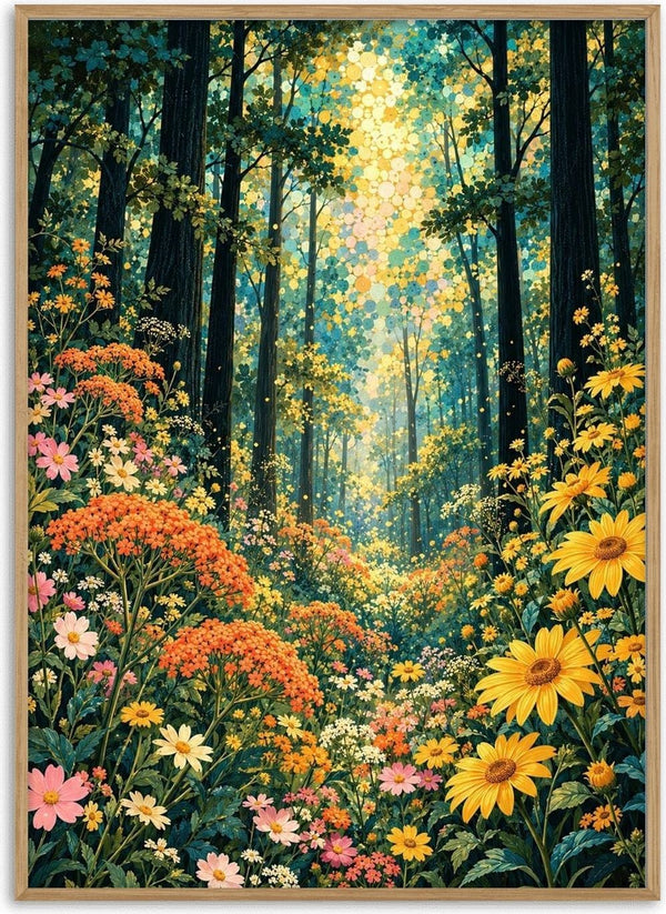 Golden Forest Light by Yokohama - golden light through dark trees above sunflowers and orange blossom