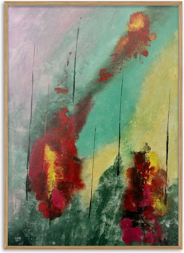 Smoke and Ember by Miguel Lemos - red and orange bursts breaking through a grey-green abstract field