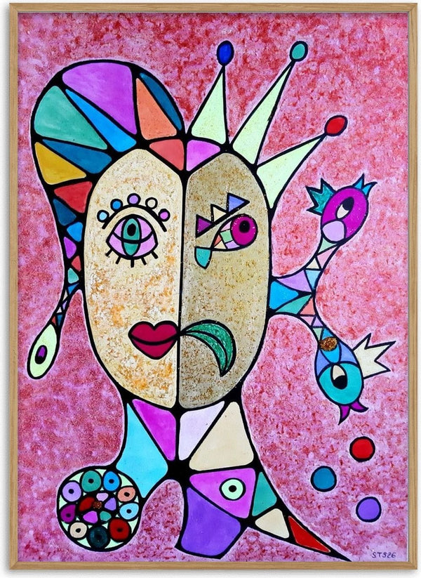 Two Faces and a Crown by Steffi Seiler - a crowned head split into two halves on speckled pink