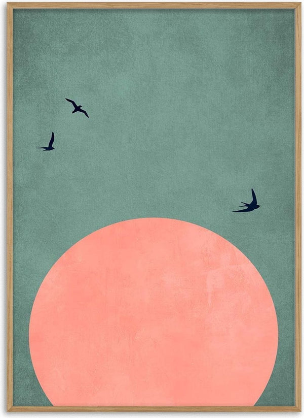 Minimalist artwork with three birds flying over a large pink sun against a muted green sky.