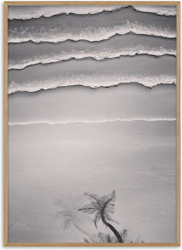 A breath before the shore by KG Studio - four lines of thick white surf and two palms held entirely in greys