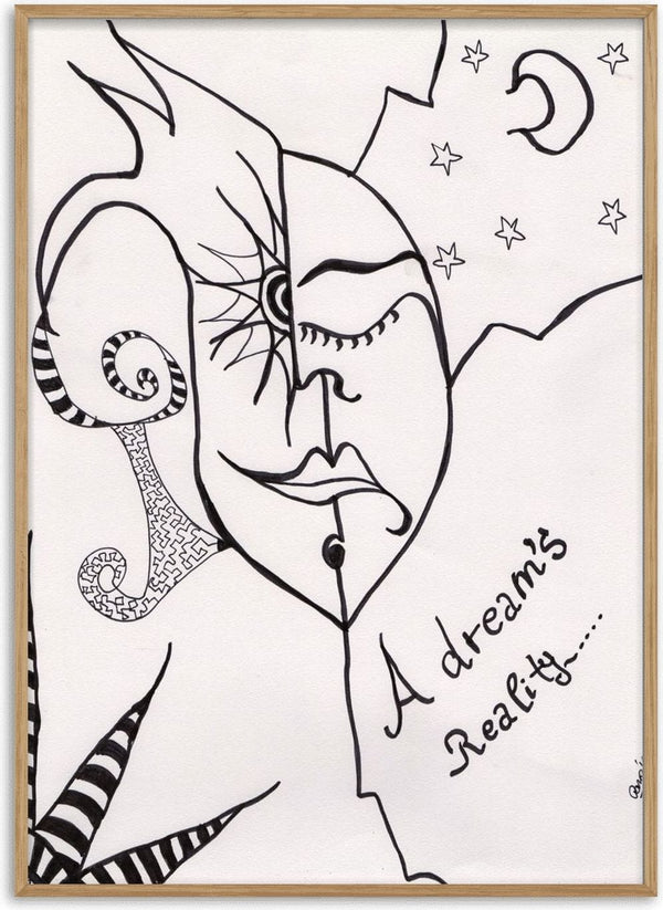 A dreams' reality by A Sleepy Spirit Art - a face drawn in one unbroken black line under a moon and stars