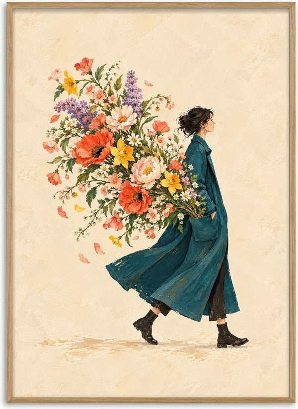 A Garden in Her Pocket by Matthews Gallerie - a woman in a teal coat carrying a huge bouquet of red, pink and yellow flowers