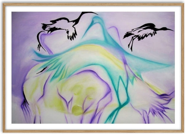 A Vida Animal Despertando by Luis Valquaresma - a reclining figure in lilac and teal lines with two black birds