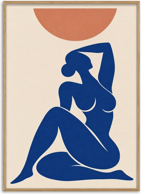 Abstract Nude Art Inspired by Henri Matisse by TimlessArtworks - a deep cobalt seated figure under a terracotta half-sun